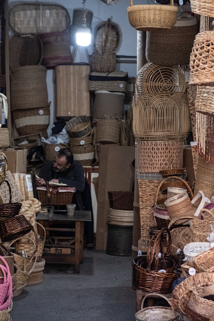 Artisan surrounded by various wicker baskets in a traditional workshop setting.